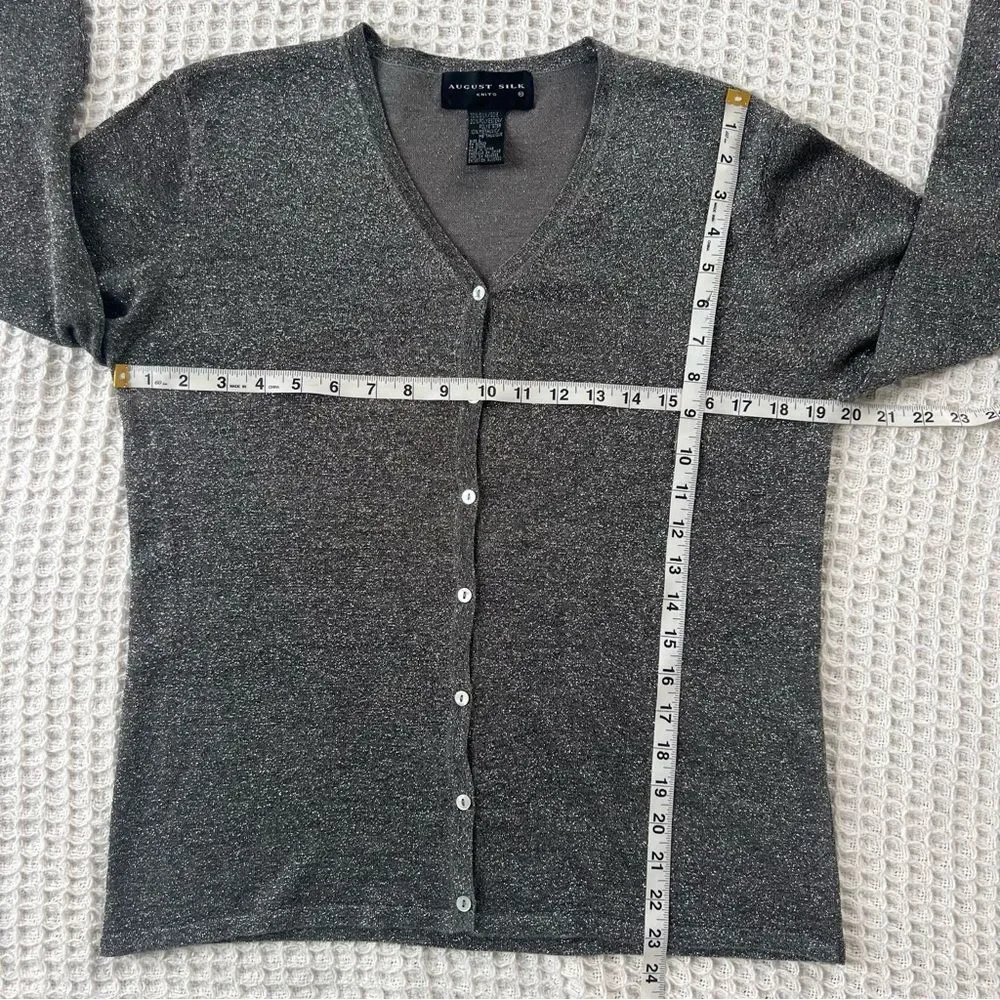 August Silk Shimmering Metallic Silver Knit Cardigan & Turtleneck Twinset SZ L - Picture 13 of 15